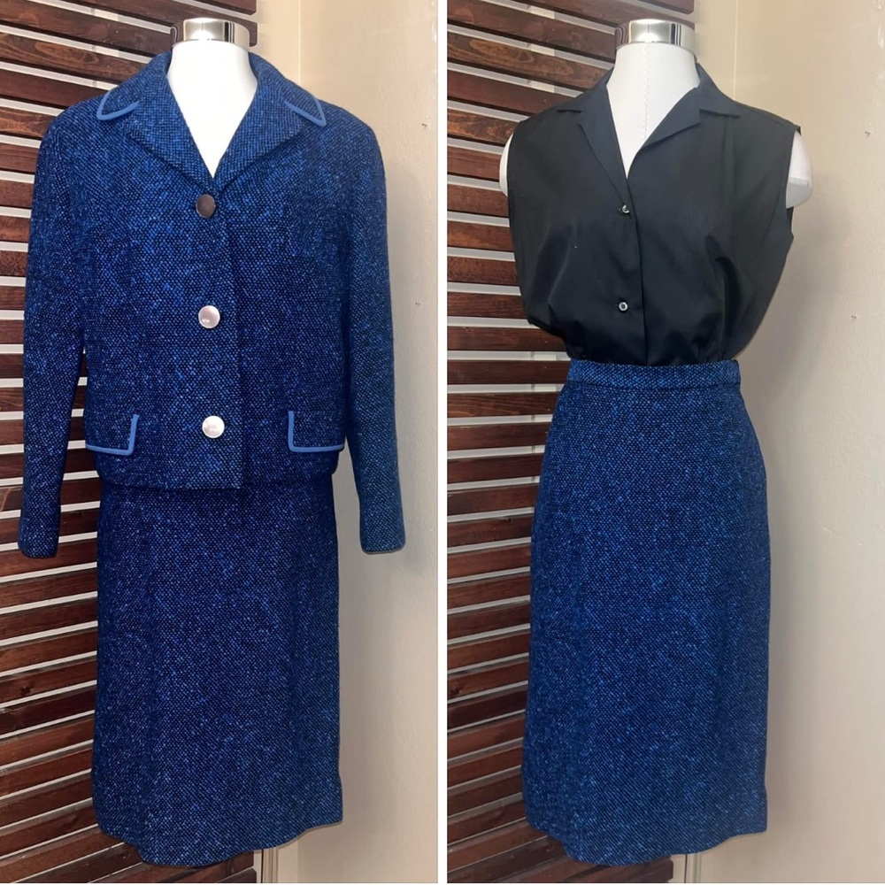 2 PC 1960s Vintage Blue Black Big Button Crop Jacket & Pencil Skirt Wool Set